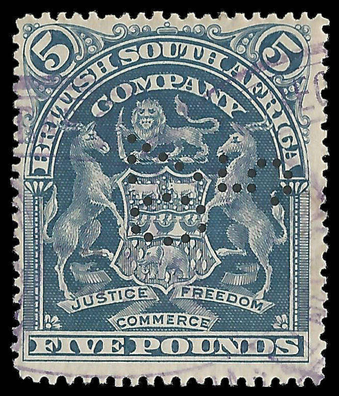B.S.A.C. Five Pound fiscally used. Cat.value for postally used R55 000-00.