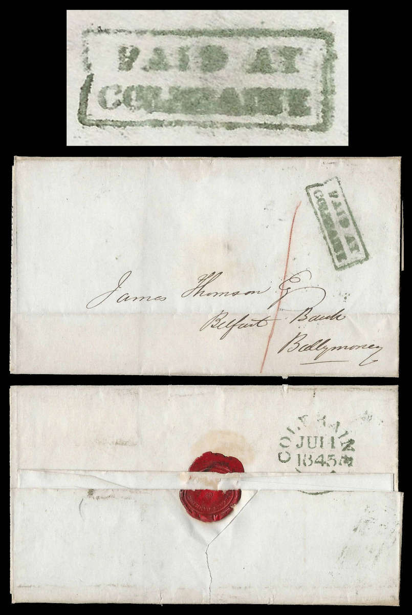 Ireland.  1845 Entire with PAID AT COLERAINE cachet.