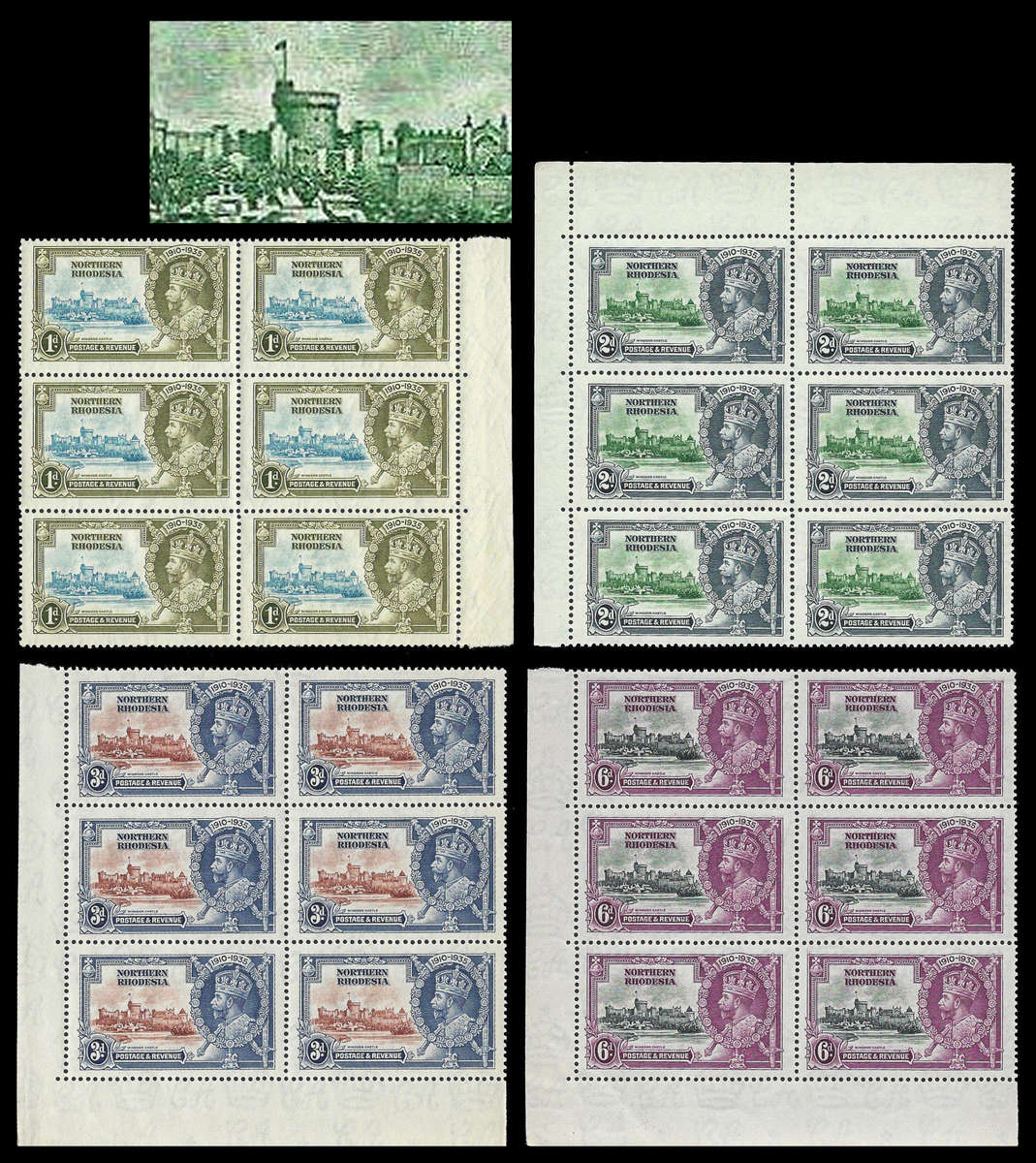 Northern Rhodesia. Blocks with unlisted varieties, incl. Line by Flagstaff. UM. CV as basic R2 880.