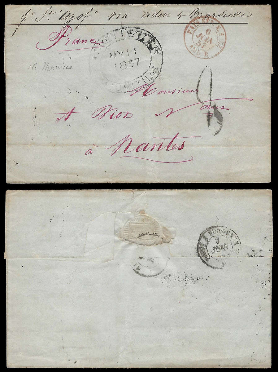 Mauritius.  1857 Letter to France with Packet Letter strike.