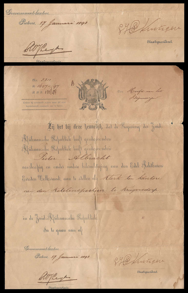 Transvaal.  Hoofd van het Mijnwezen document signed by Paul Kruger and State Secretary W.J. Leyds.