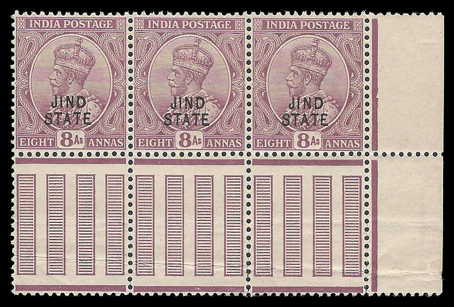 India - Jind.  King George V block of 3.  Cat.value R1 875-00.  UM.