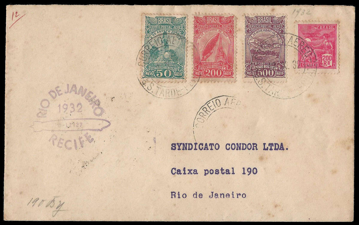 1932 Graf Zeppelin Cover. Recife to Rio de Janeiro.