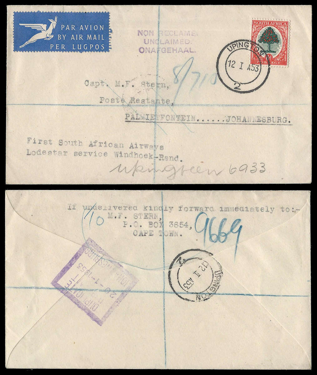 Union of South Africa.  1953 Lodestar Flight Cover.