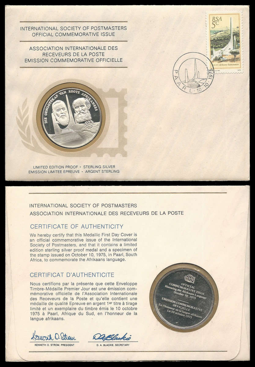 Republic of South Africa.  Commemorative Silver (.925) Medal on cover.