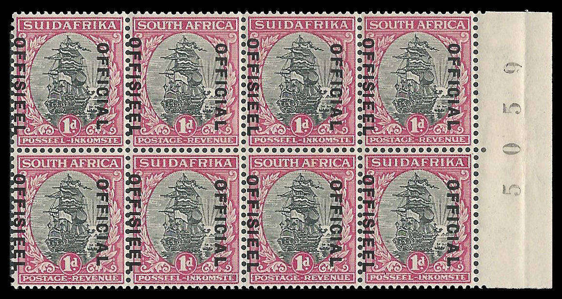 Union of South Africa. Shifted Overprint in a block of 8.  Cat.value R5 600-00.