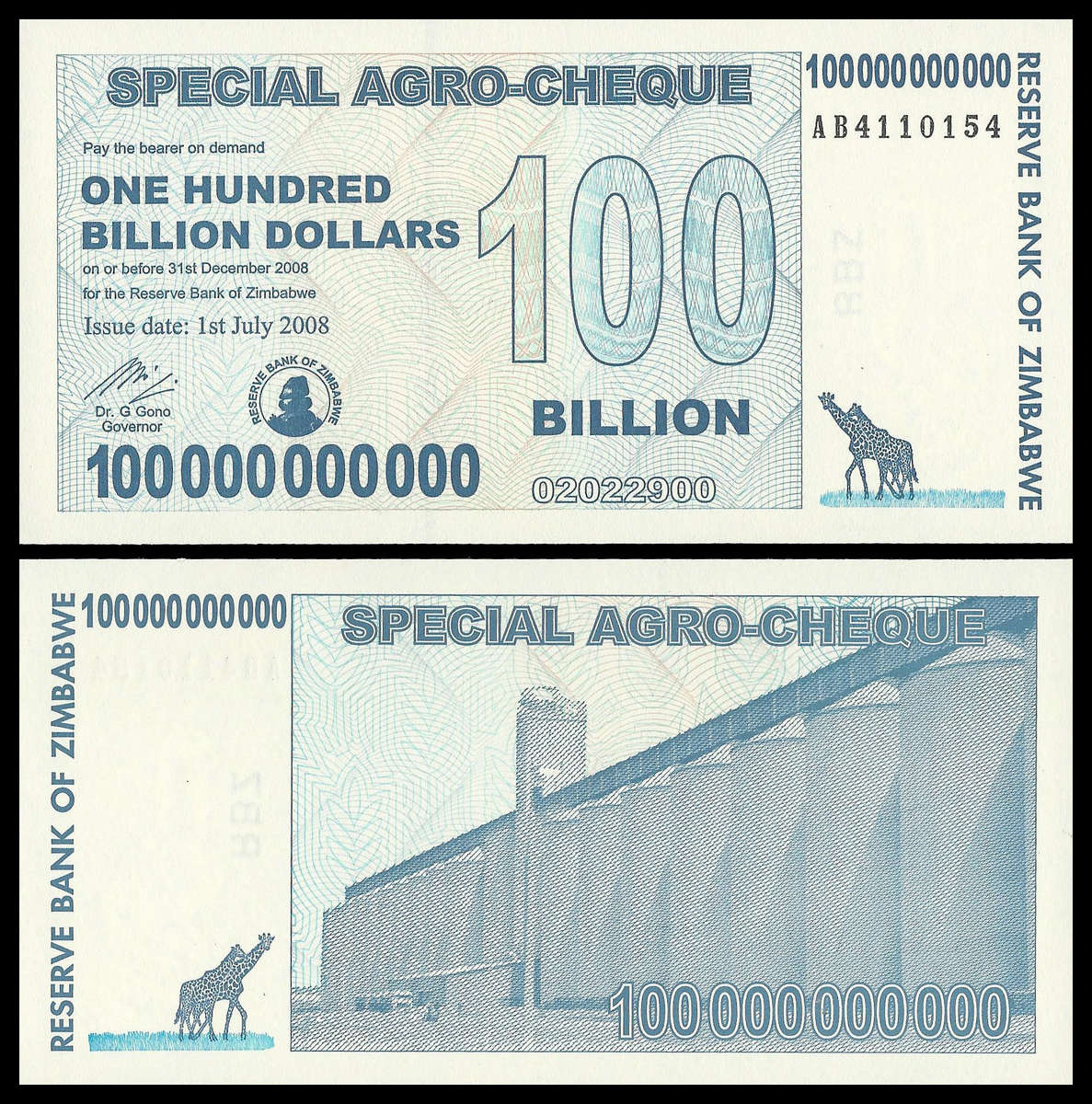 Zimbabwe.  Uncirculated.  100 Billion Dollars Special Agro-Cheque Banknote.