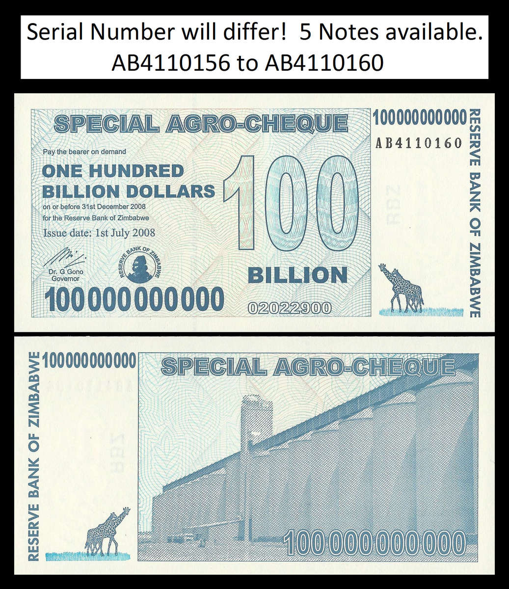 Zimbabwe.  Uncirculated.  100 Billion Dollars Special Agro-Cheque Banknote.