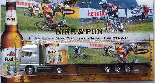 Hümmer 2 x M.A.N. Beer Lorry - Henninger Radler - Mountain Bike World Cup - 1/87 Scale