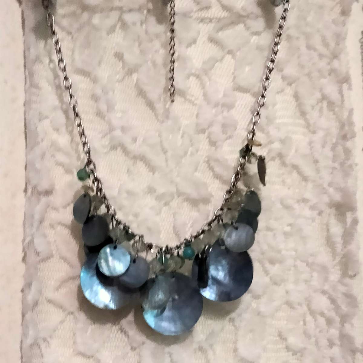 NECKLACE PAUA Shell Genuine MOP Blue Coin Shape+ Semi Precious Gemstone QUARTZ chipsTONE METAL