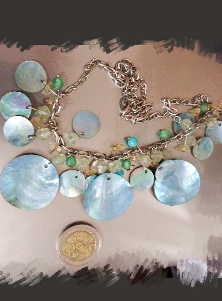 NECKLACE PAUA Shell Genuine MOP Blue Coin Shape+ Semi Precious Gemstone QUARTZ chipsTONE METAL