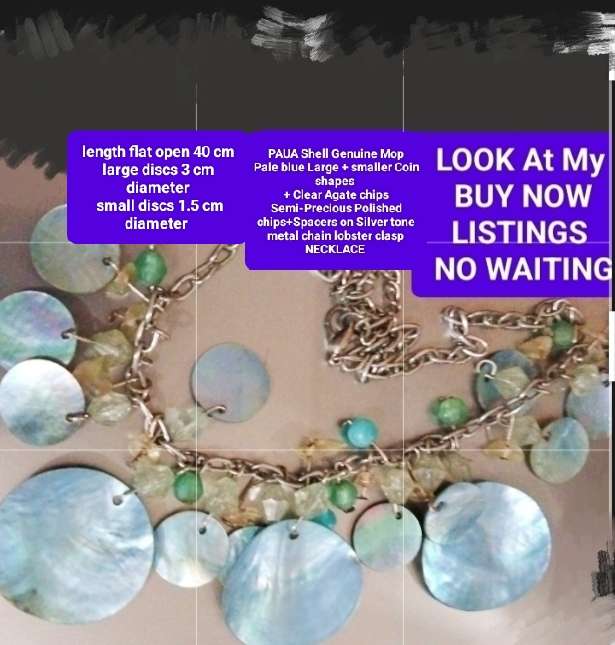 NECKLACE PAUA Shell Genuine MOP Blue Coin Shape+ Semi Precious Gemstone QUARTZ chipsTONE METAL