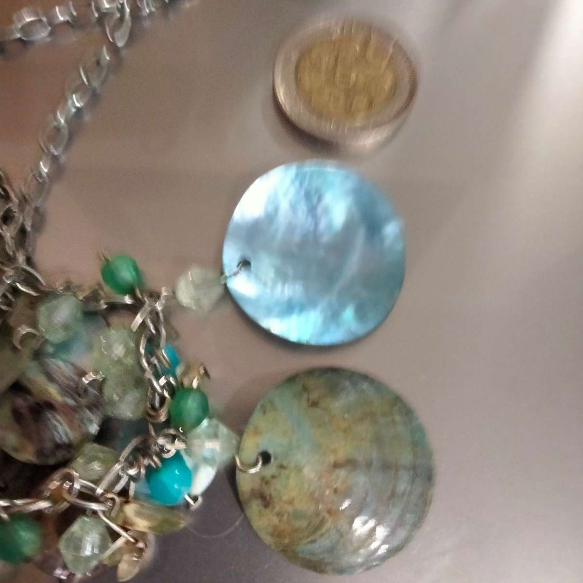 NECKLACE PAUA Shell Genuine MOP Blue Coin Shape+ Semi Precious Gemstone QUARTZ chipsTONE METAL