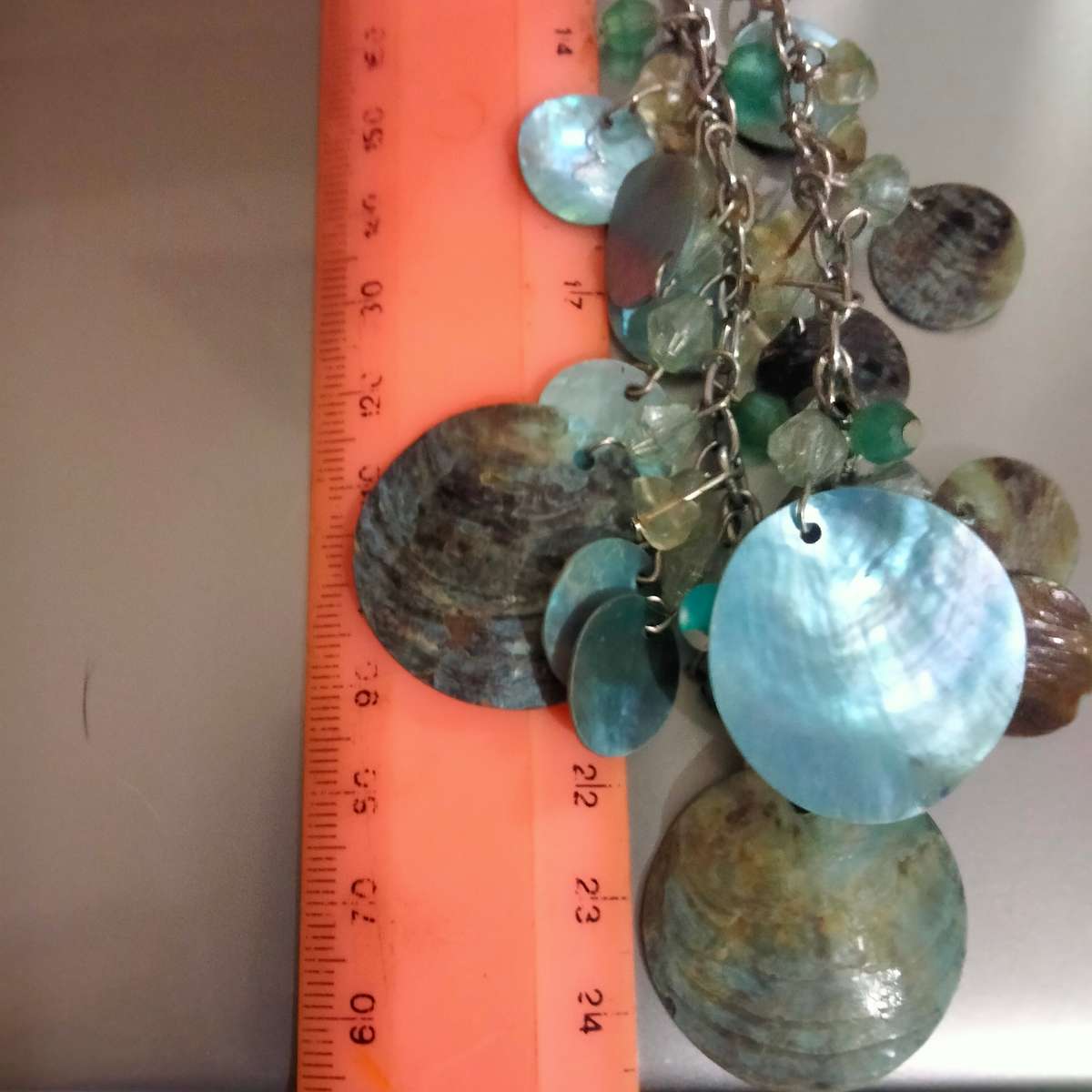 NECKLACE PAUA Shell Genuine MOP Blue Coin Shape+ Semi Precious Gemstone QUARTZ chipsTONE METAL