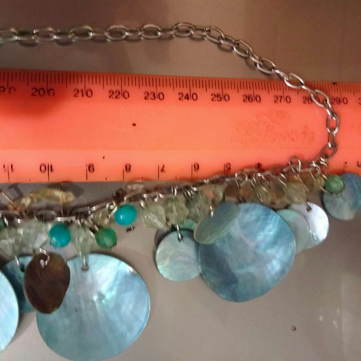 NECKLACE PAUA Shell Genuine MOP Blue Coin Shape+ Semi Precious Gemstone QUARTZ chipsTONE METAL