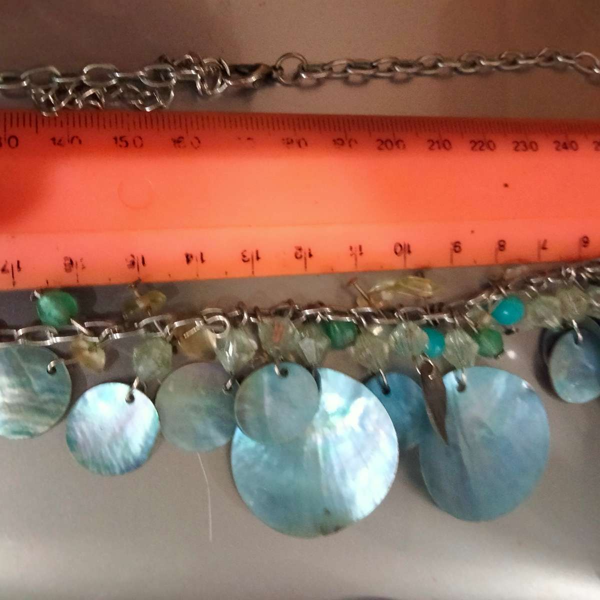 NECKLACE PAUA Shell Genuine MOP Blue Coin Shape+ Semi Precious Gemstone QUARTZ chipsTONE METAL