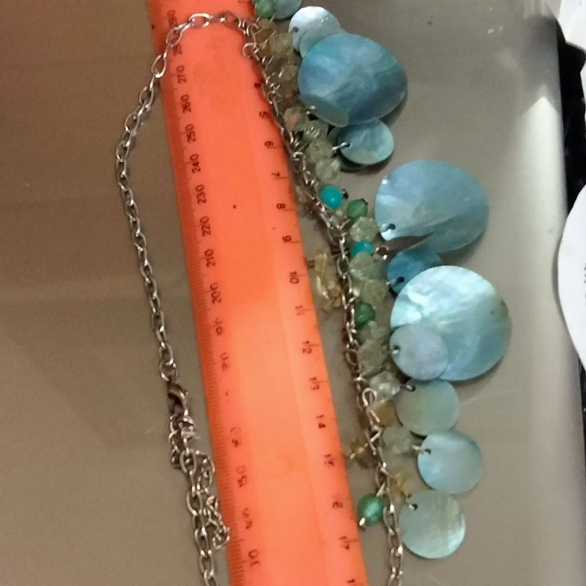 NECKLACE PAUA Shell Genuine MOP Blue Coin Shape+ Semi Precious Gemstone QUARTZ chipsTONE METAL