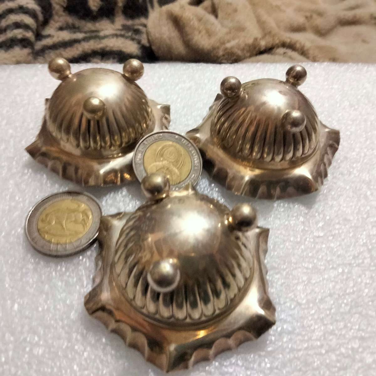 3 Silver plate open Salts - Cauldron bun feet  Scalloped Serated top - small - Inner verdigris