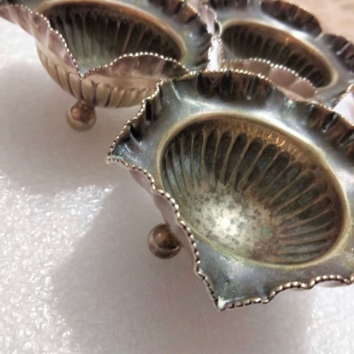 3 Silver plate open Salts - Cauldron bun feet  Scalloped Serated top - small - Inner verdigris