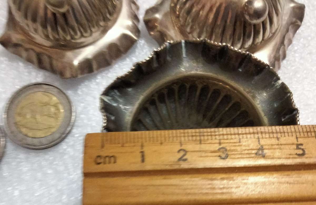 3 Silver plate open Salts - Cauldron bun feet  Scalloped Serated top - small - Inner verdigris