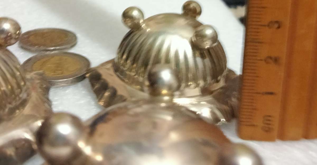 3 Silver plate open Salts - Cauldron bun feet  Scalloped Serated top - small - Inner verdigris