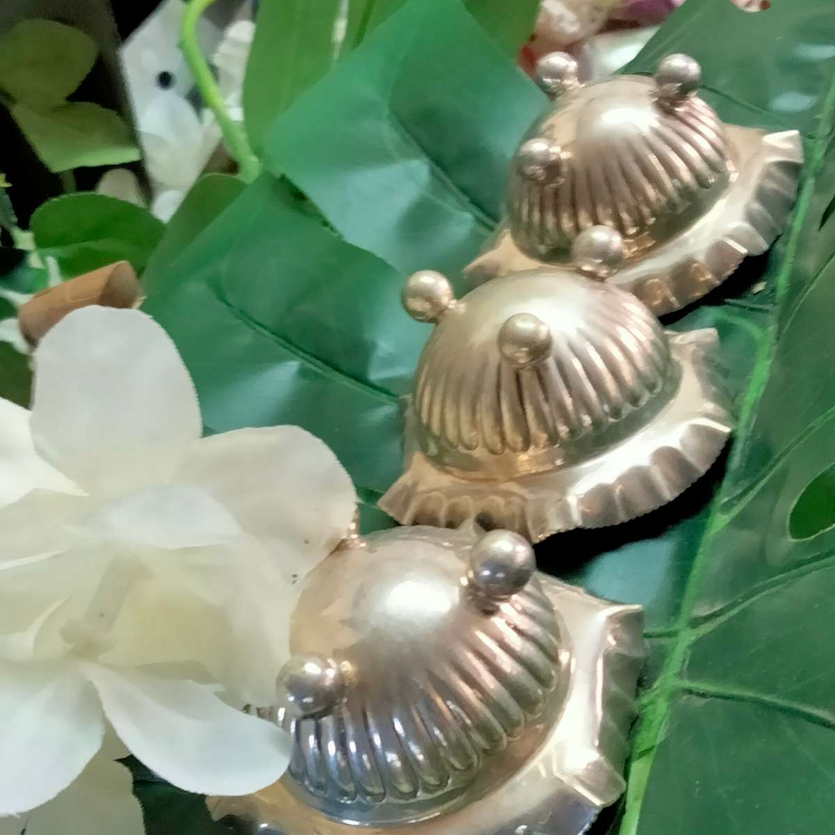 3 Silver plate open Salts - Cauldron bun feet  Scalloped Serated top - small - Inner verdigris