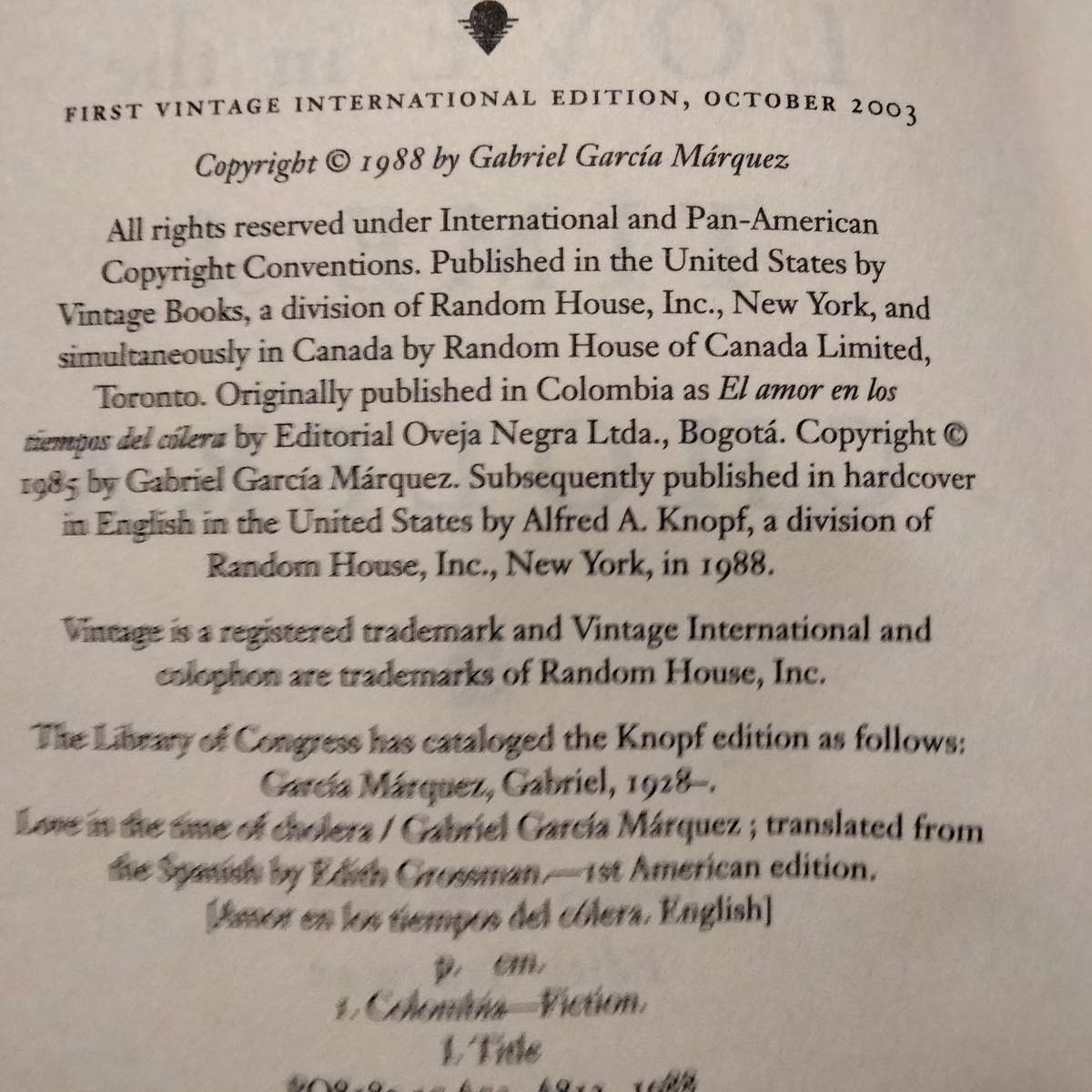 Love in the time of Cholera PB 1988 soft cover Pre-owned