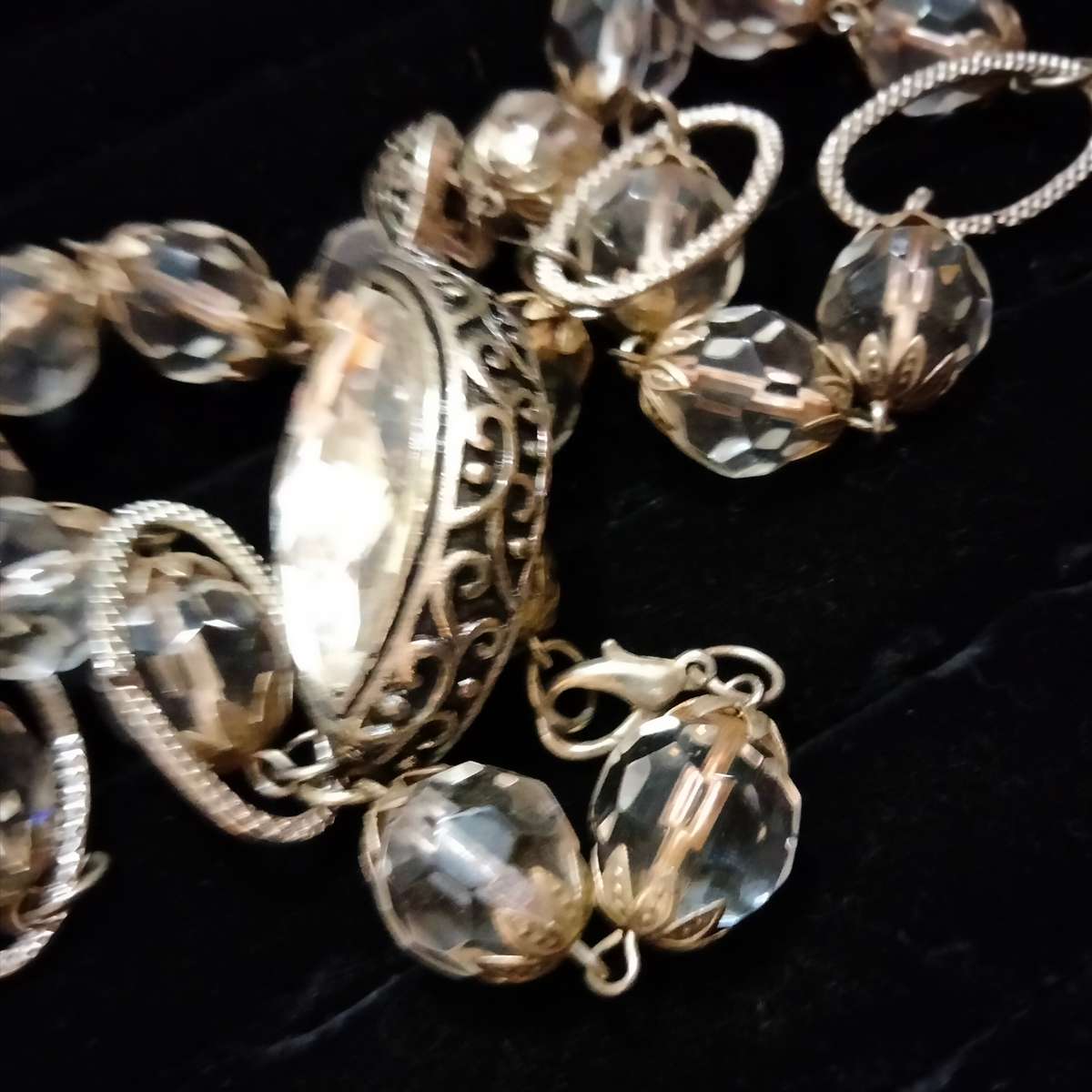 Necklace Huge Cut Glass Faceted SPARKLING Stone + round beads Czech or Italy