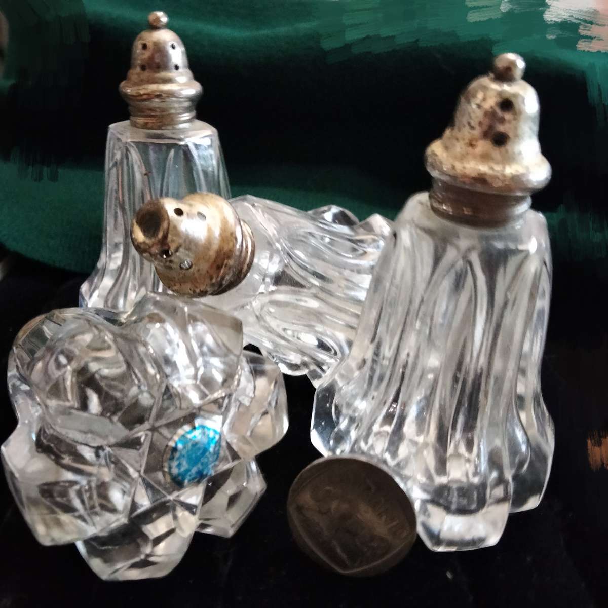 SALTS - 4 FB Rogers Crystal Japan glass salt+pepper shakers + EPNS* Lids+
