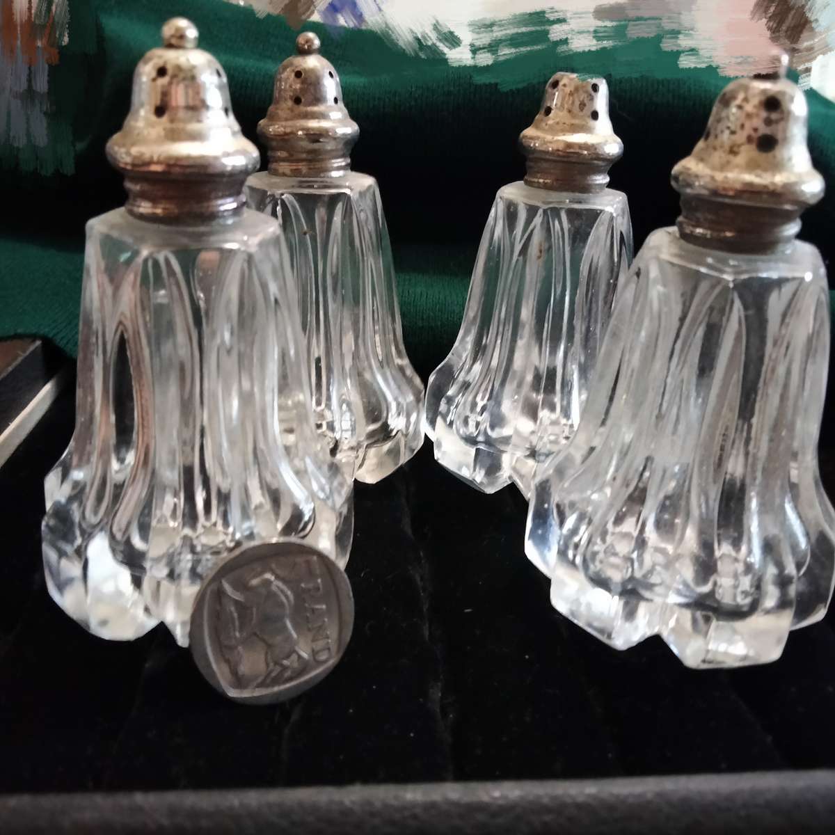 SALTS - 4 FB Rogers Crystal Japan glass salt+pepper shakers + EPNS* Lids+