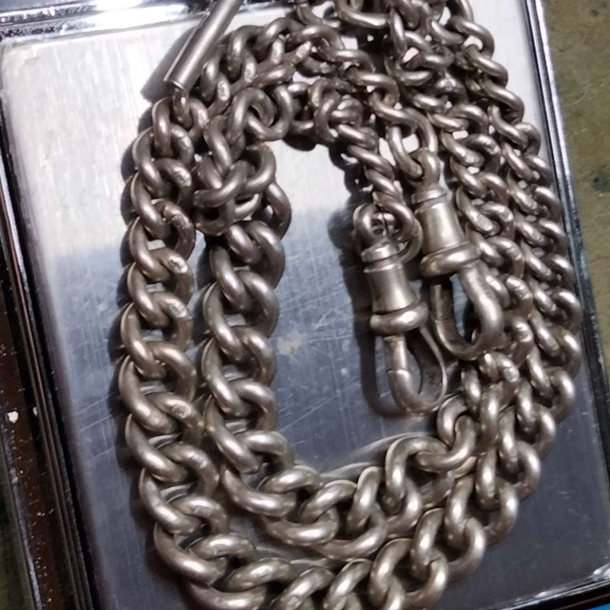 Antique STERLING SILVER double Albert Fob Chain T bar dog clips Middle dangle WWC lion Passant D