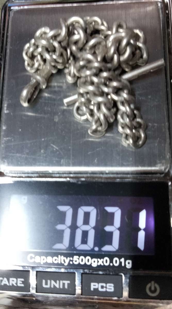 Antique STERLING SILVER double Albert Fob Chain T bar dog clips Middle dangle WWC lion Passant D