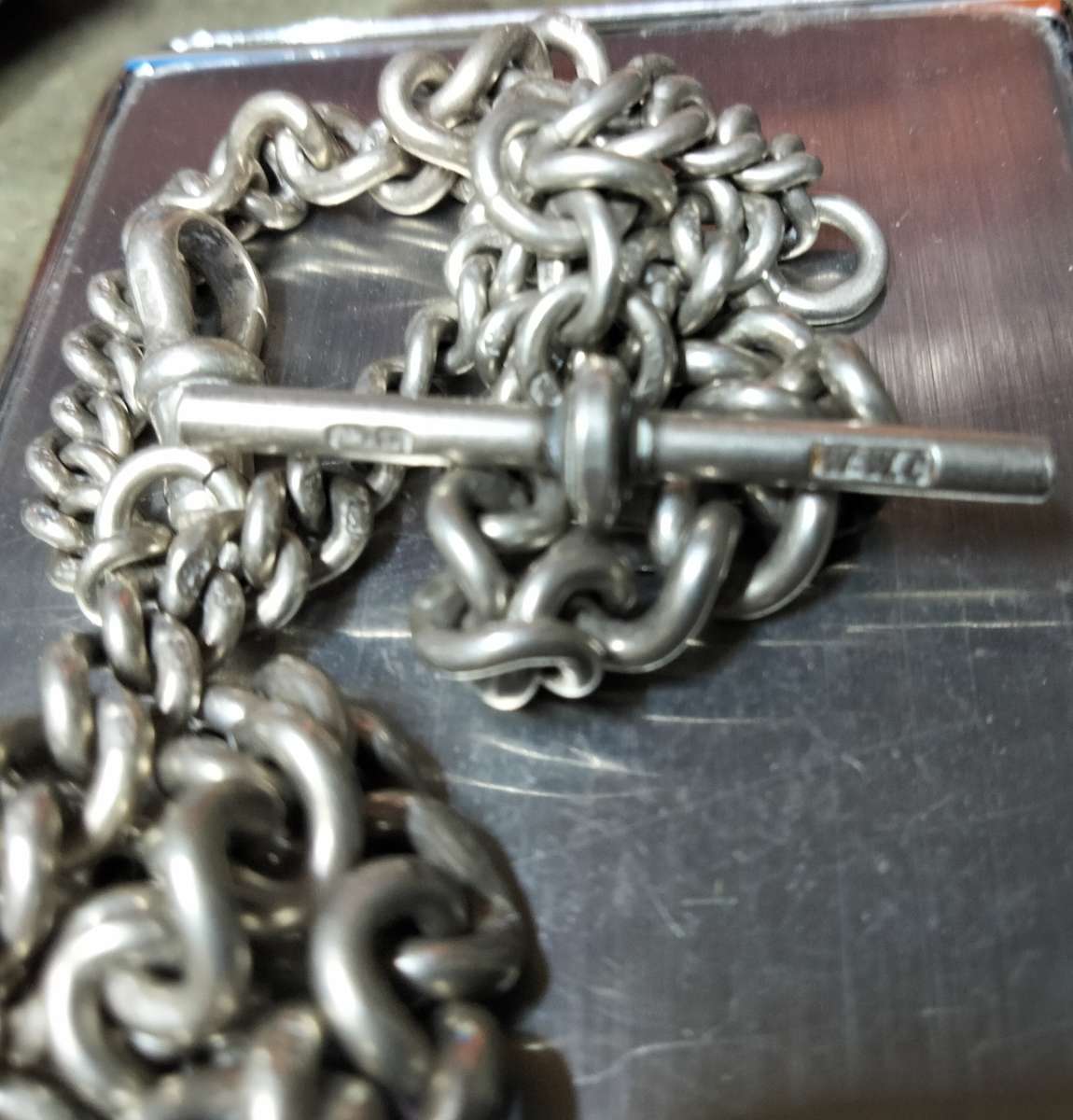 Antique STERLING SILVER double Albert Fob Chain T bar dog clips Middle dangle WWC lion Passant D