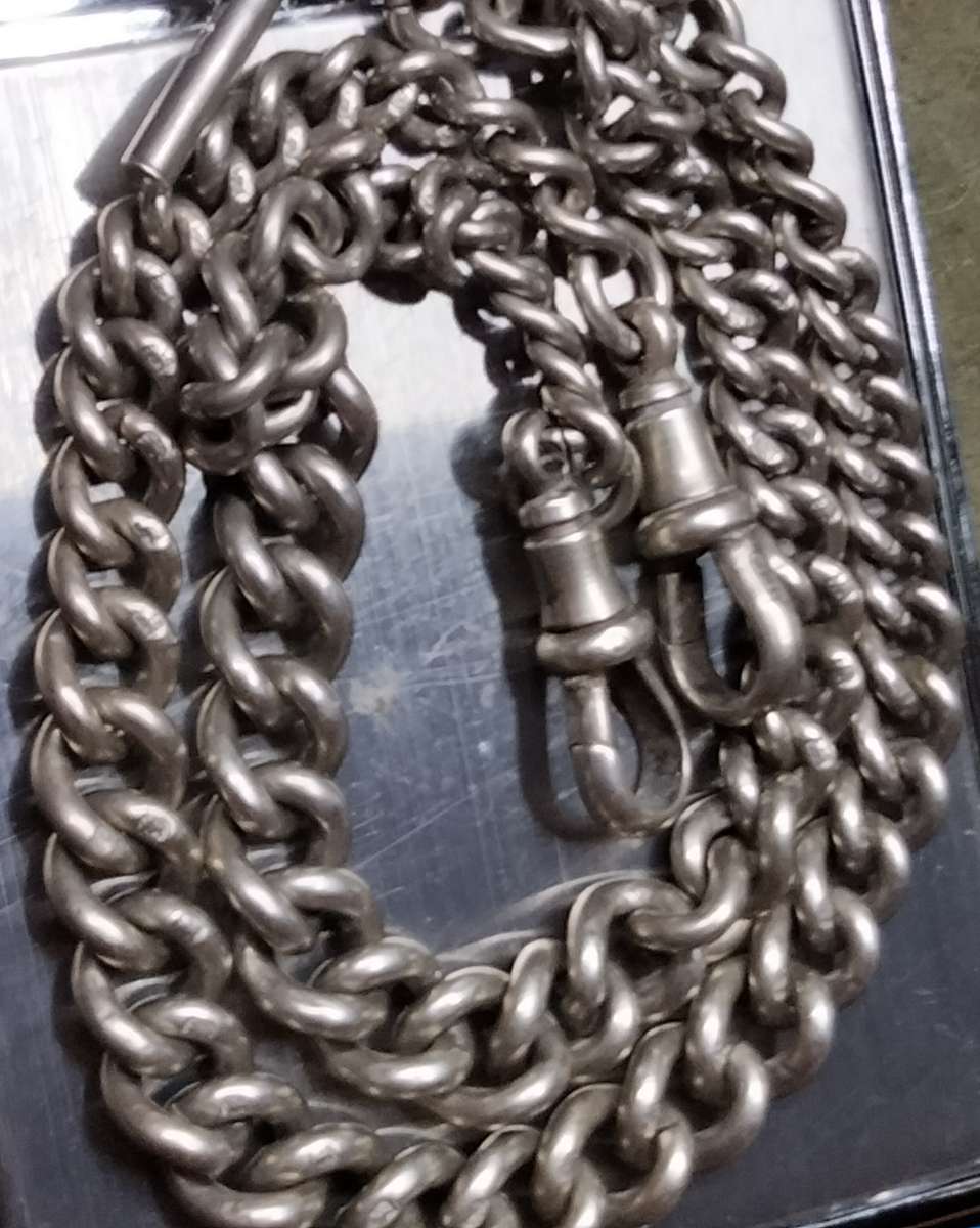 Antique STERLING SILVER double Albert Fob Chain T bar dog clips Middle dangle WWC lion Passant D