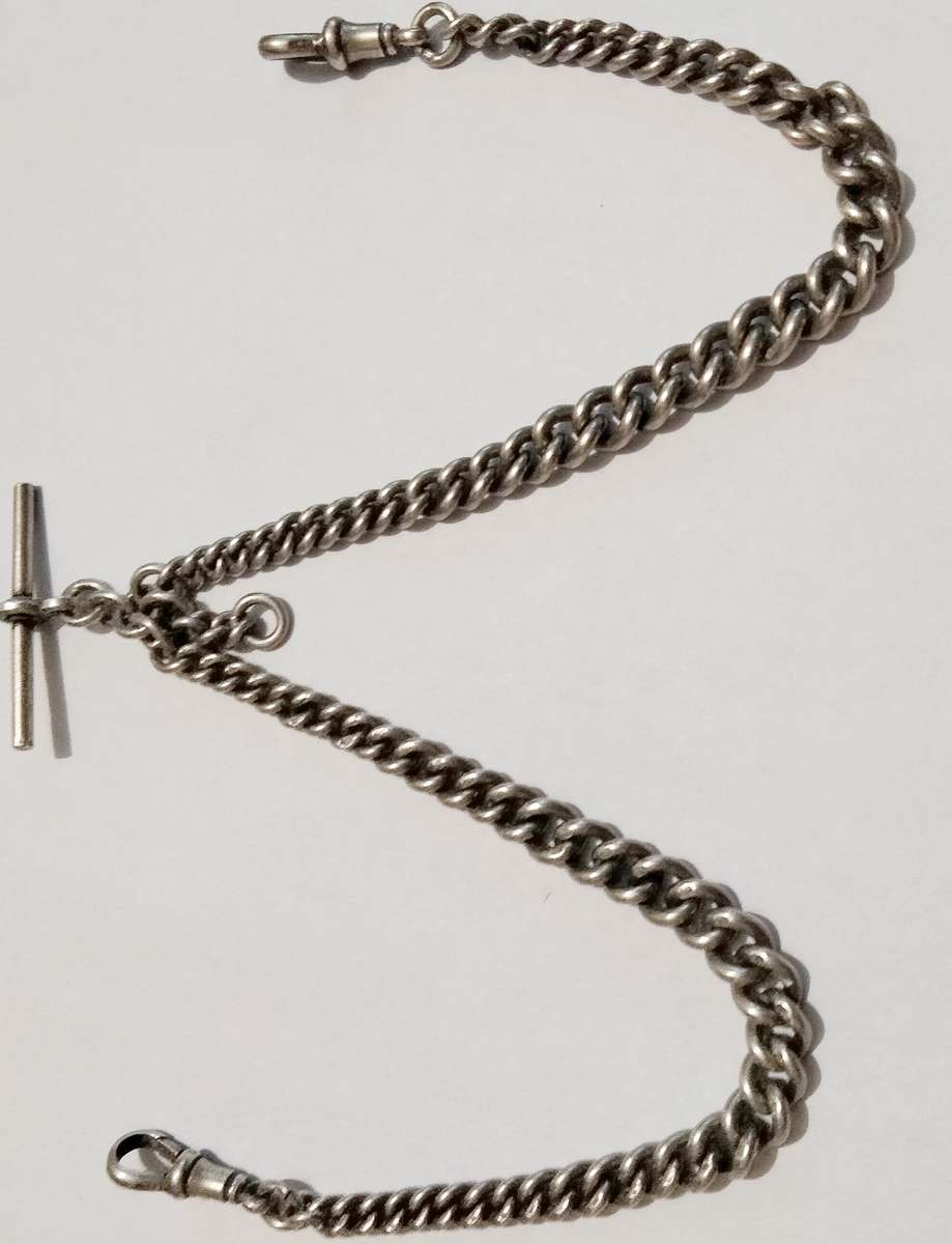 Antique STERLING SILVER double Albert Fob Chain T bar dog clips Middle dangle WWC lion Passant D