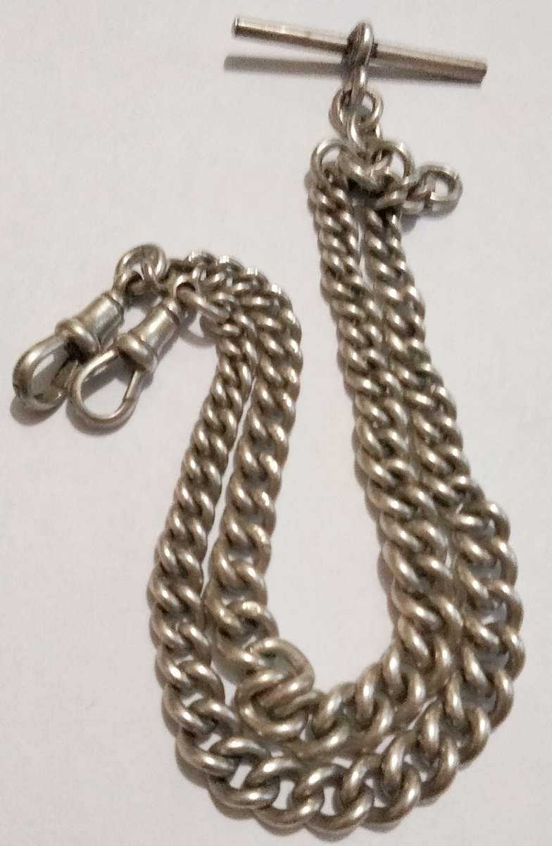 Antique STERLING SILVER double Albert Fob Chain T bar dog clips Middle dangle WWC lion Passant D