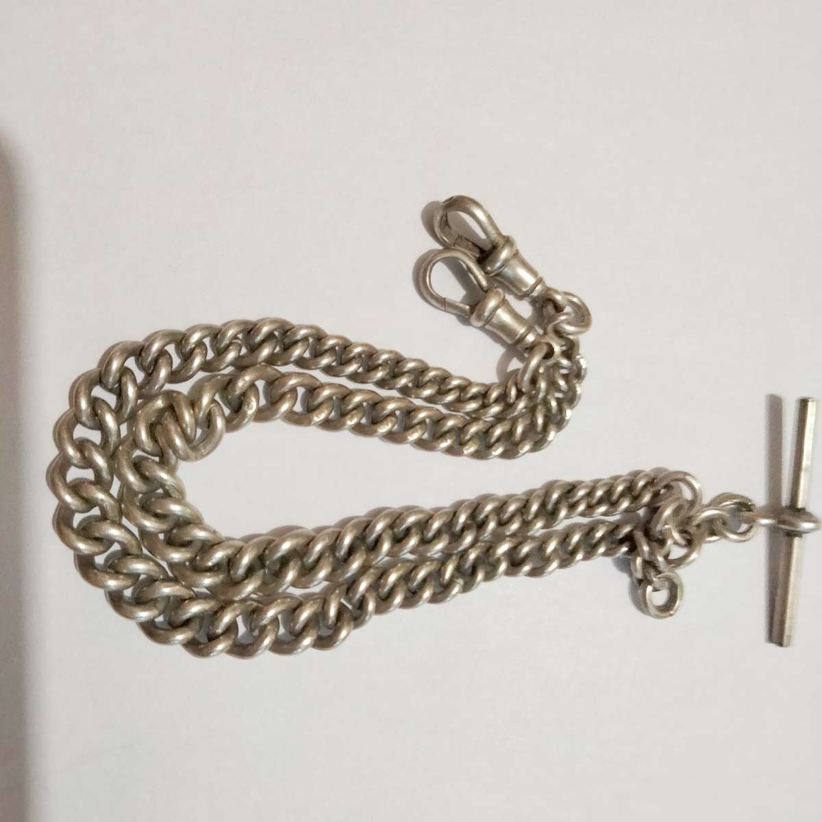 Antique STERLING SILVER double Albert Fob Chain T bar dog clips Middle dangle WWC lion Passant D