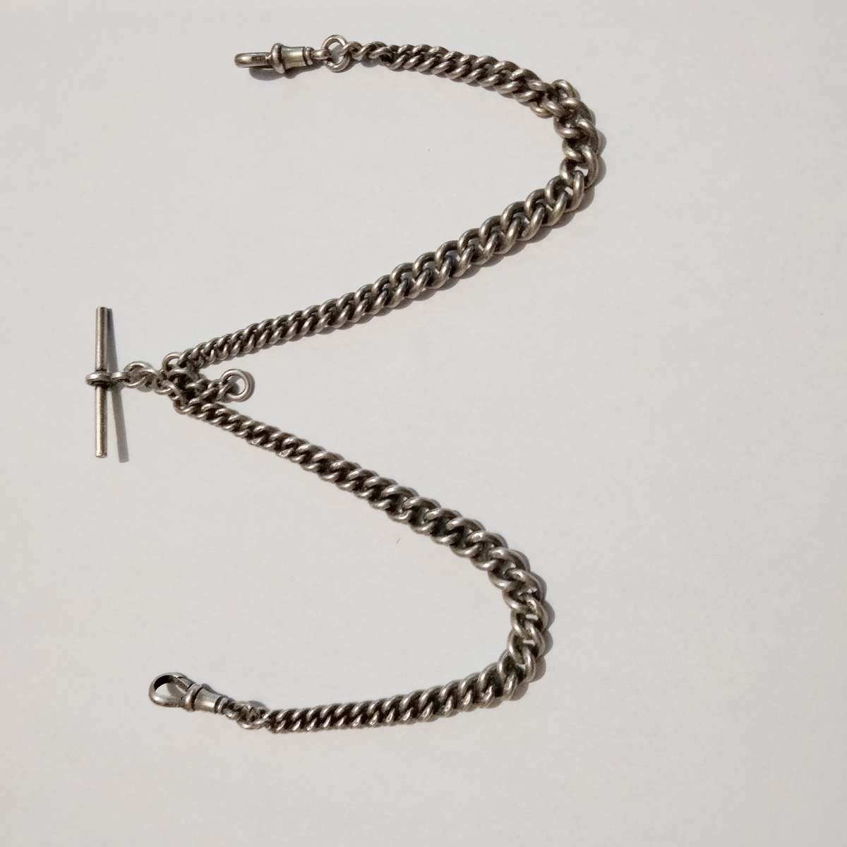 Antique STERLING SILVER double Albert Fob Chain T bar dog clips Middle dangle WWC lion Passant D