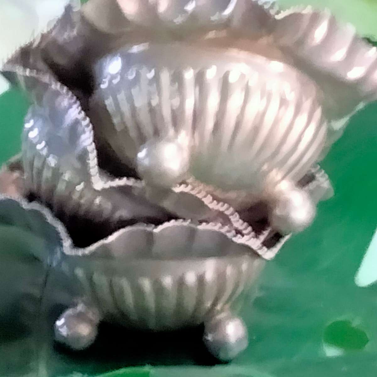 3 Silver plate open Salts - Cauldron bun feet  Scalloped Serated top - small - Inner verdigris