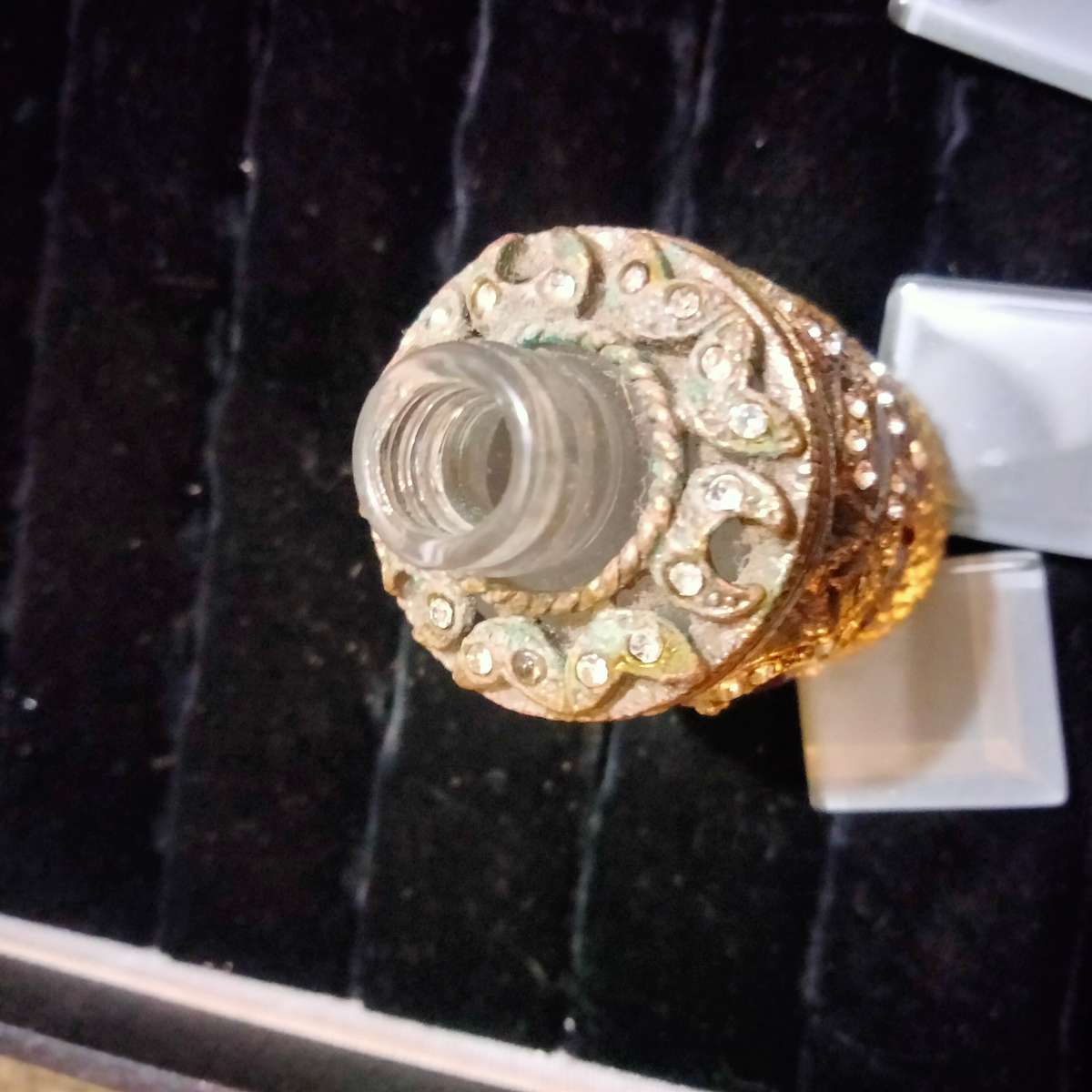 PERFUME bottle HEARTS crossover Red Enameled+Crystals+Stoper finial faceted Crystal + metal dauber