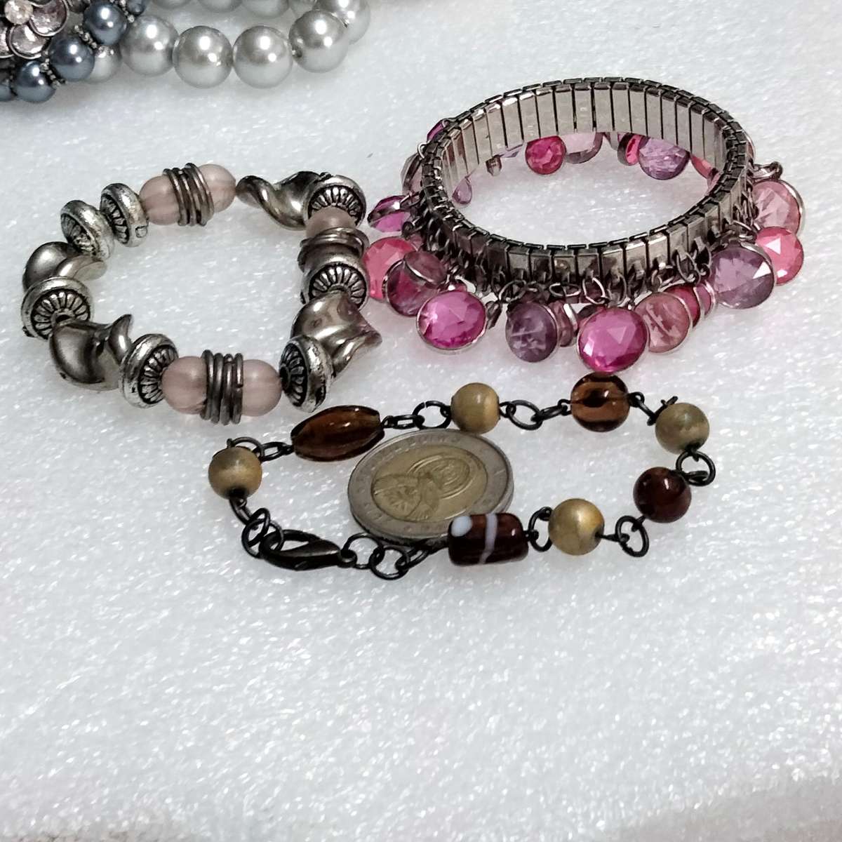 Bracelets 3 one stretch - mixture of Vintage MURANO Lampwork glass beads +charms +or spacers metal