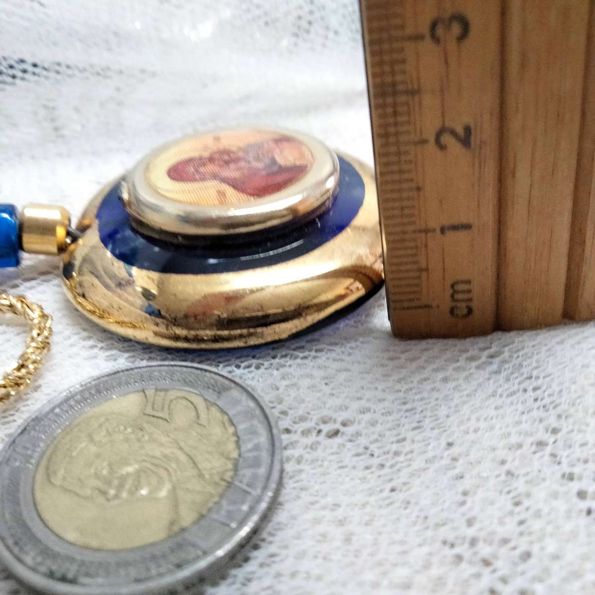 Necklace Icon Cobolt gold trim Handcrafted + decorated + Rope chain gold tone