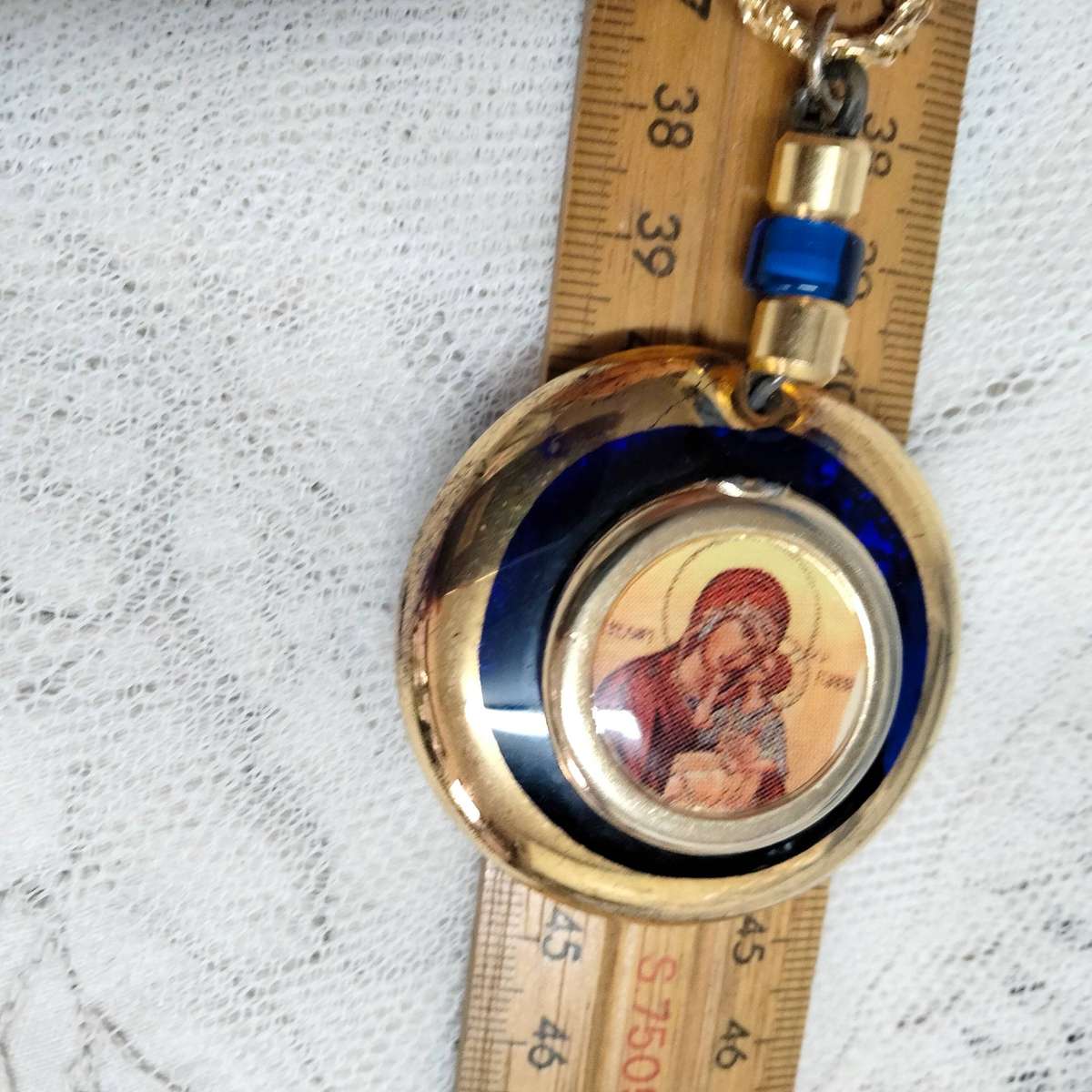 Necklace Icon Cobolt gold trim Handcrafted + decorated + Rope chain gold tone