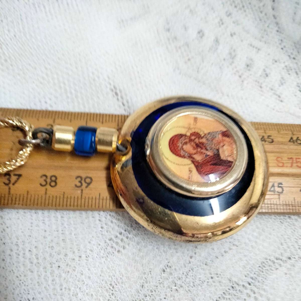 Necklace Icon Cobolt gold trim Handcrafted + decorated + Rope chain gold tone