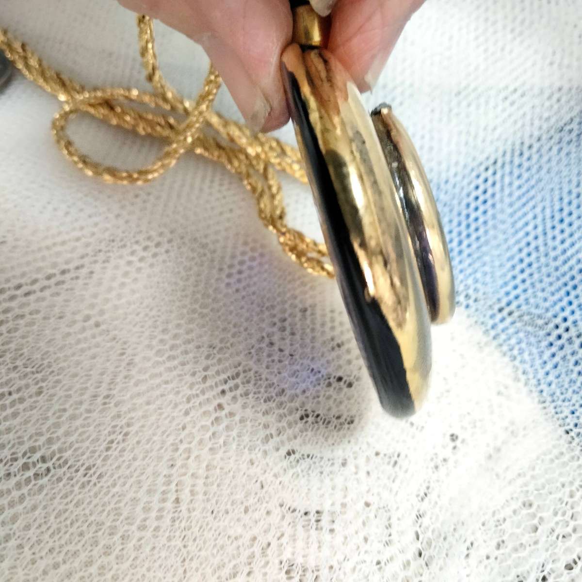 Necklace Icon Cobolt gold trim Handcrafted + decorated + Rope chain gold tone