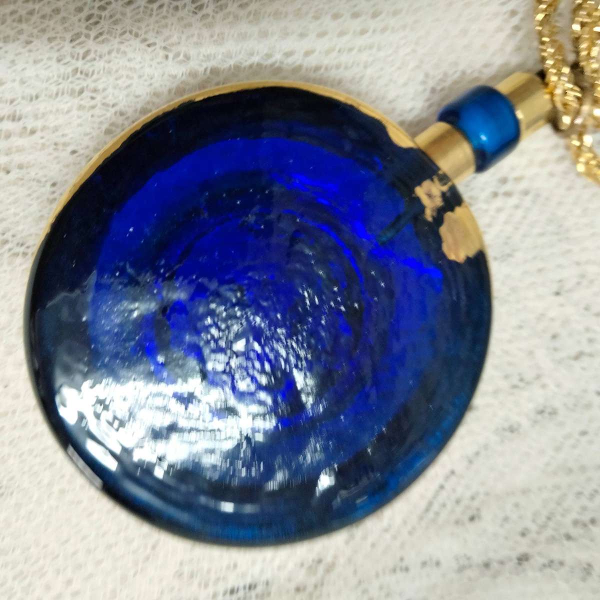 Necklace Icon Cobolt gold trim Handcrafted + decorated + Rope chain gold tone