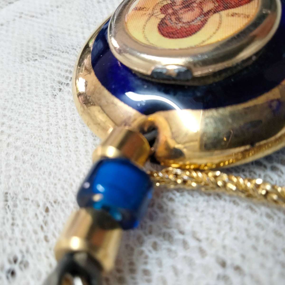 Necklace Icon Cobolt gold trim Handcrafted + decorated + Rope chain gold tone