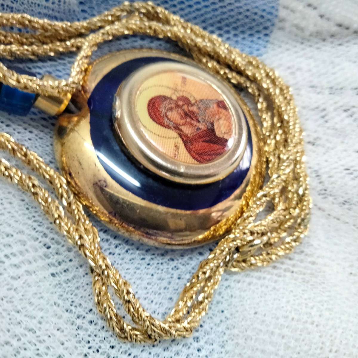Necklace Icon Cobolt gold trim Handcrafted + decorated + Rope chain gold tone