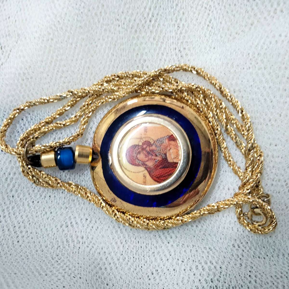 Necklace Icon Cobolt gold trim Handcrafted + decorated + Rope chain gold tone