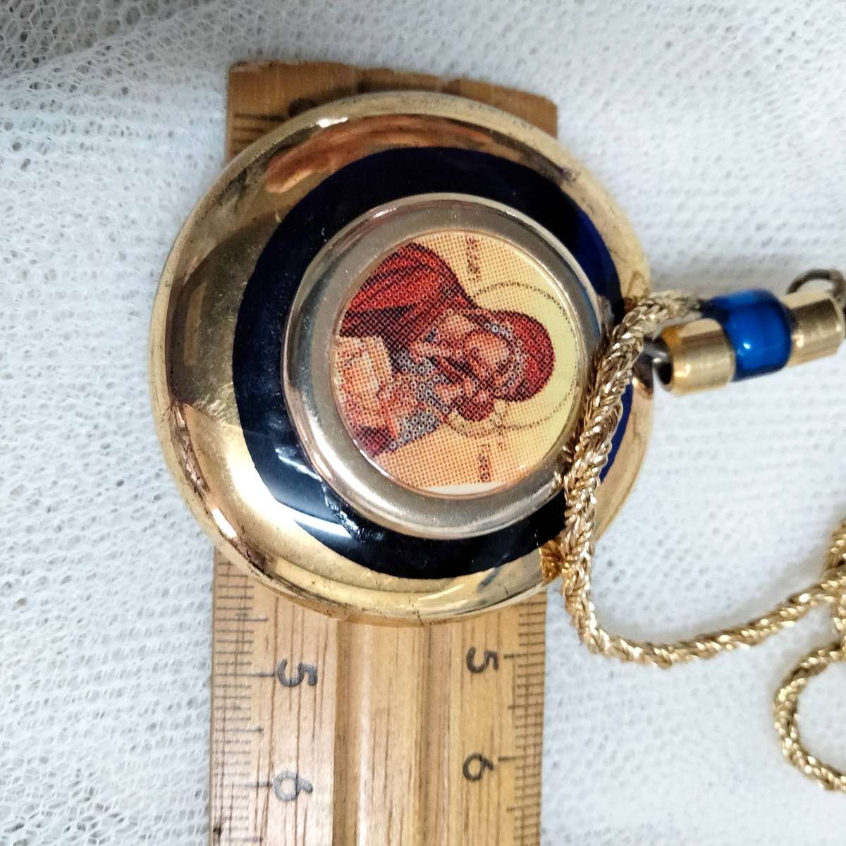 Necklace Icon Cobolt gold trim Handcrafted + decorated + Rope chain gold tone